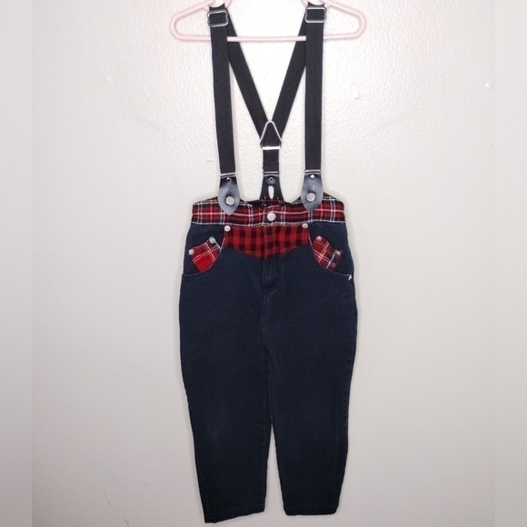 Vintage 80s Gitano Girls Kids Size 5 Jeans Suspenders Black Cotton Red Plaid - Picture 1 of 7